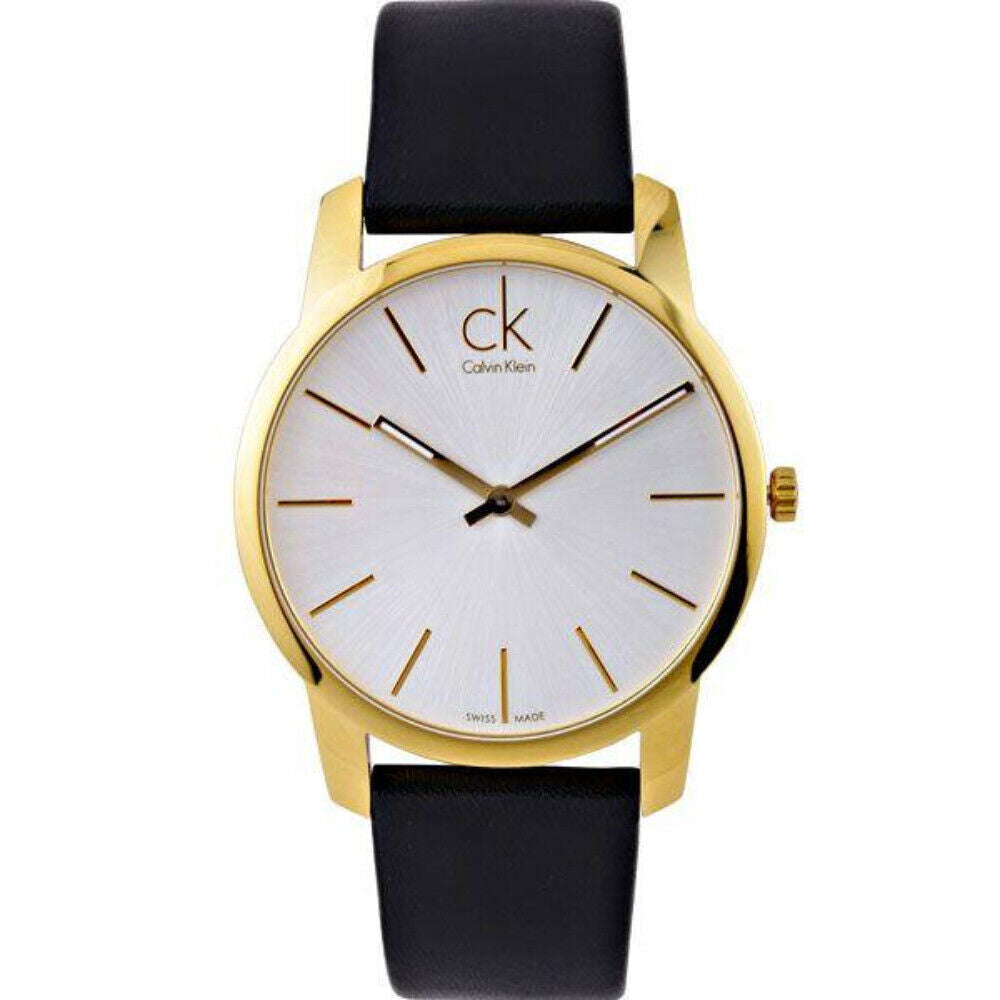 Calvin Klein City 43mm gold watch with three-hand dial and black leather strap
