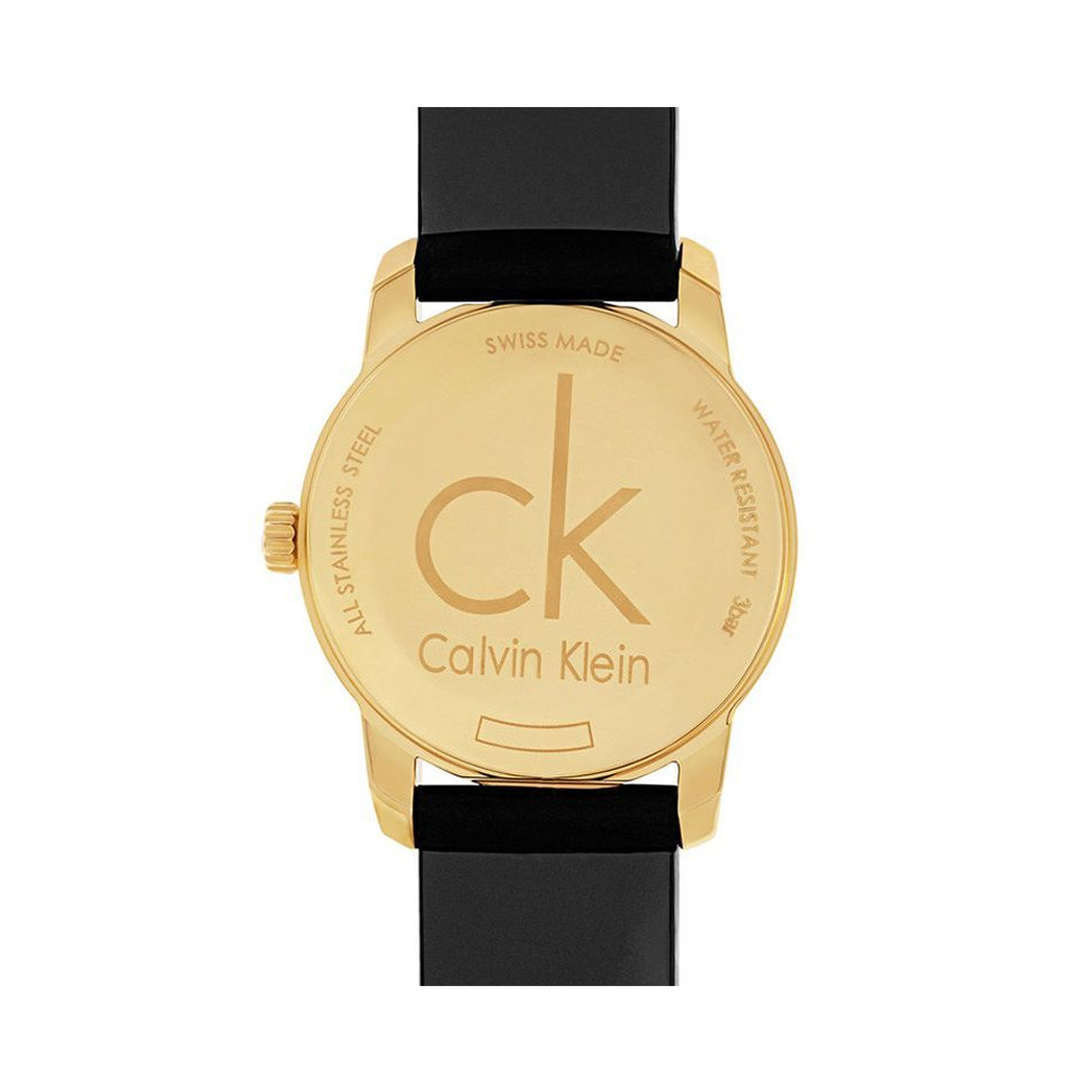 Calvin Klein City watch caseback showing CK logo and Swiss Made marking