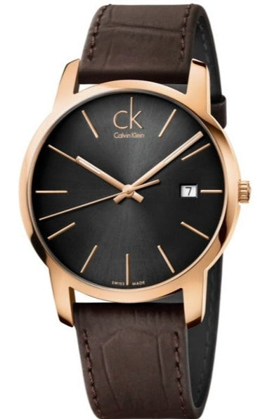 Calvin Klein Mens City Gold Plate Black Dial Brown Leather Watch K2G2G6G3