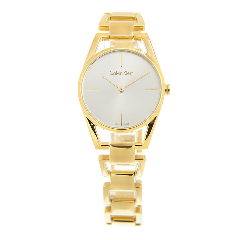 Side view of Calvin Klein Dainty gold-tone watch with tapered bracelet