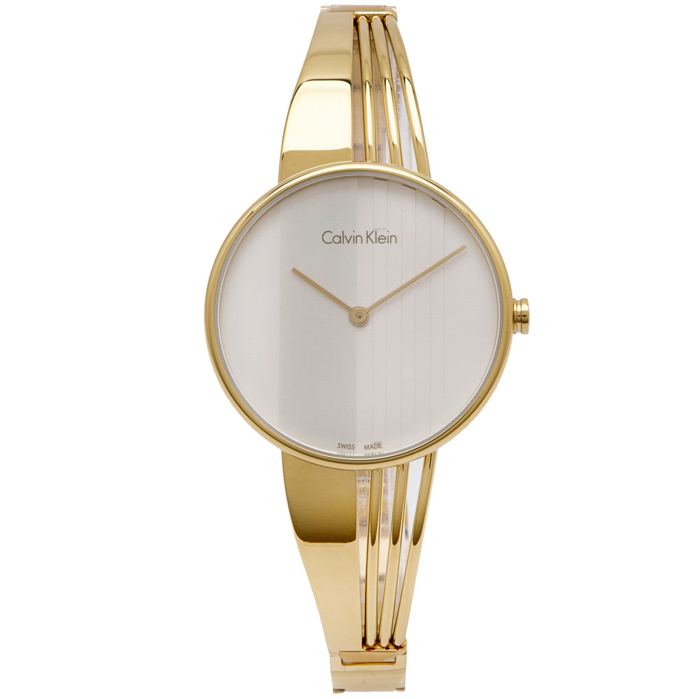 Calvin Klein Drift gold steel watch front view with minimalist silver dial