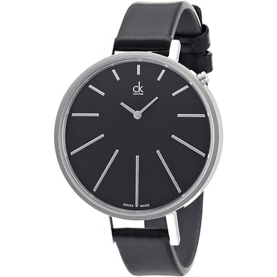 Calvin Klein Equal K3E231C1 watch at angle showing black dial and leather strap