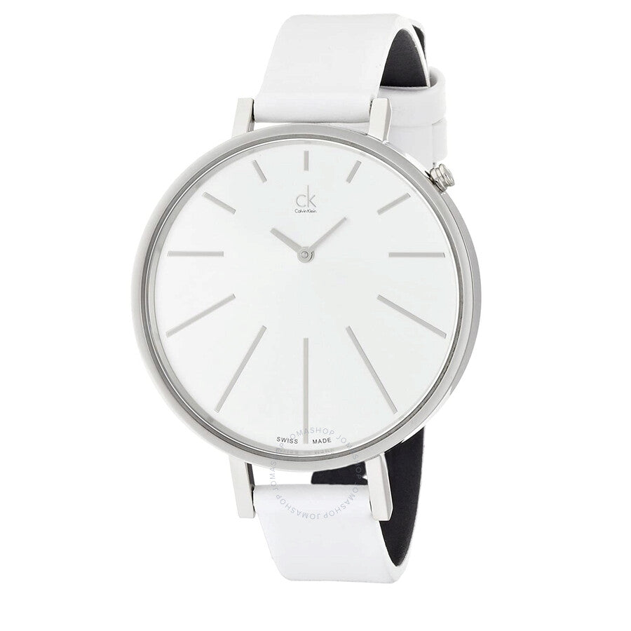 Calvin Klein Equal K3E231L6 three-quarter view with white leather strap