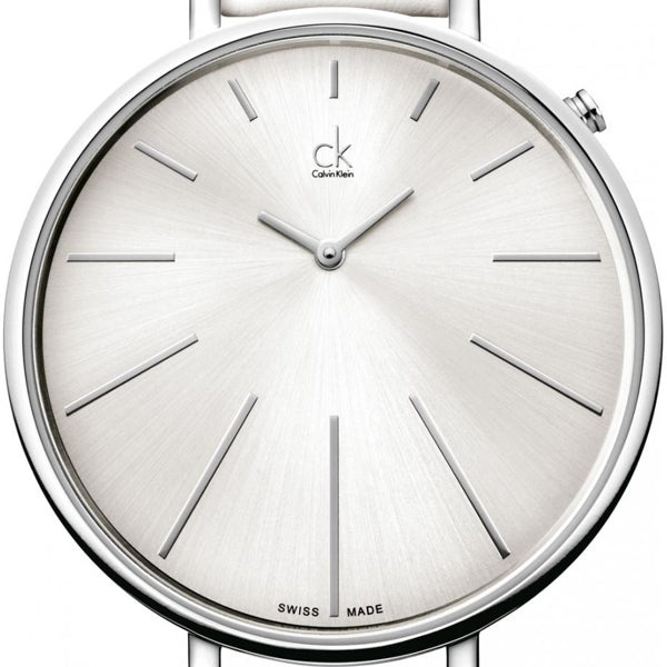 Calvin Klein Equal K3E231L6 dial detail showing hour markers and ck logo