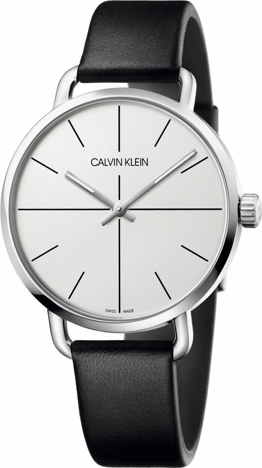 Calvin Klein Even watch with silver dial, black leather strap, and stainless steel case