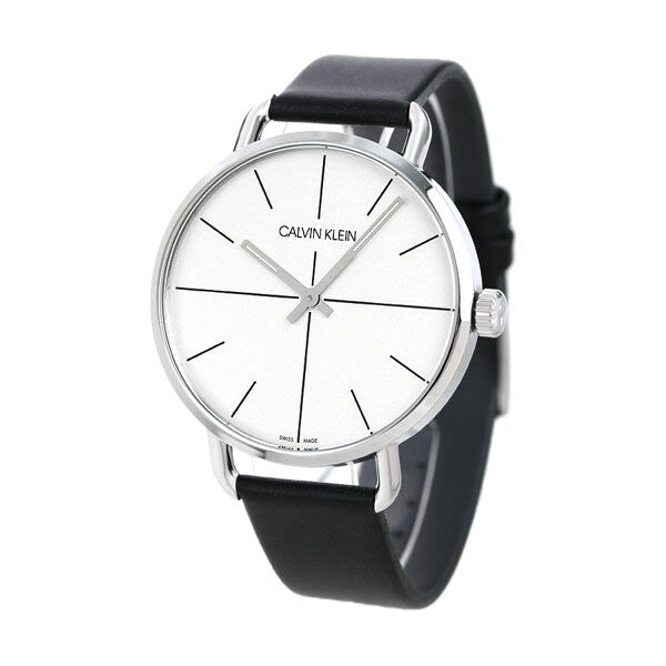 Calvin Klein Even watch from side view, minimalist dial and black leather strap