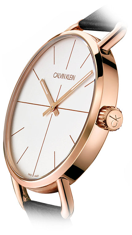 Calvin Klein Even K7B216C6 three-quarter view displaying rose gold case and black strap