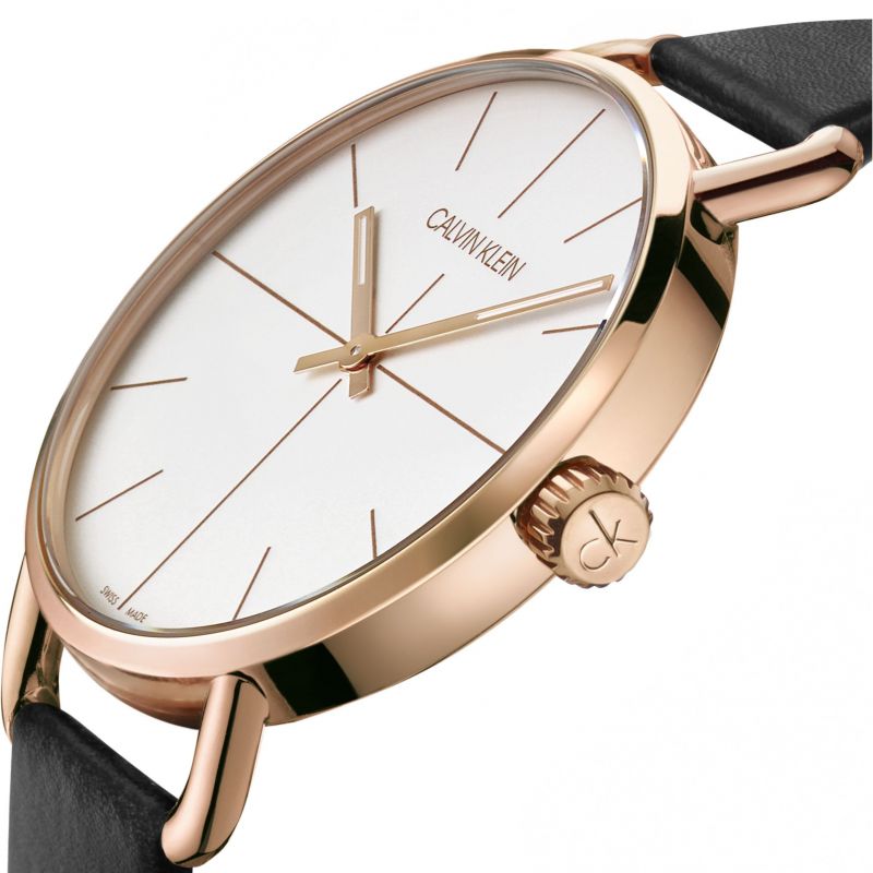 Calvin Klein Even K7B216C6 side angle view showing rose gold case and crown