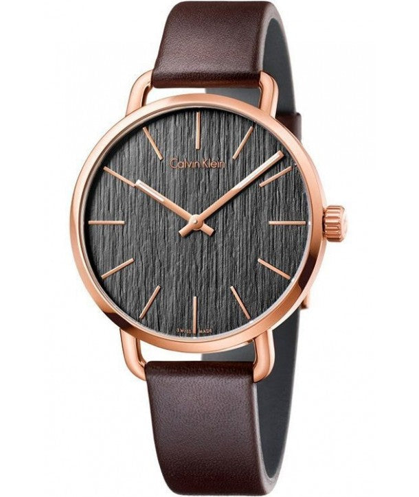 Calvin Klein Even brown leather watch with rose gold case and charcoal dial