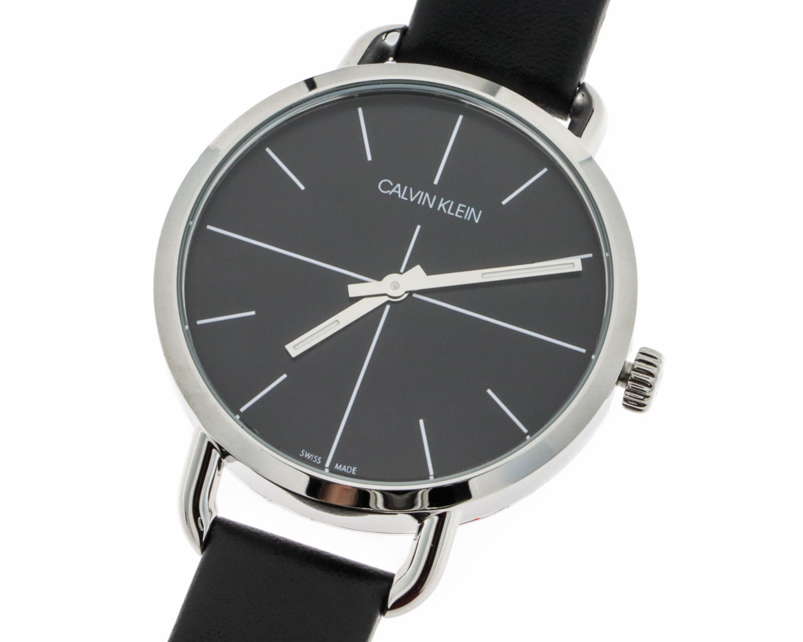 Angled view of Calvin Klein Even watch showing black dial and stainless steel case