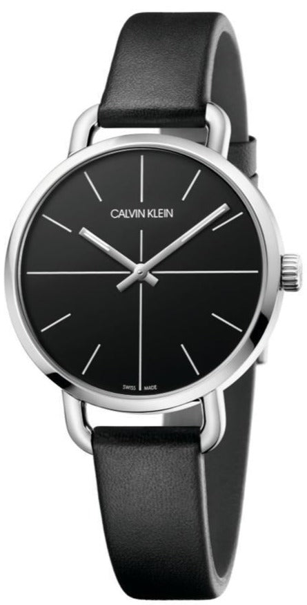 Calvin Klein Even black dial watch with silver case and black leather strap