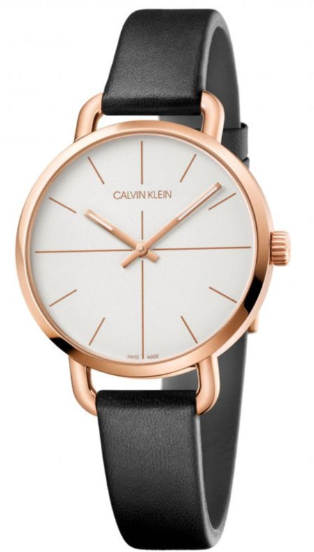 Calvin Klein Even ladies quartz watch with silver dial and rose gold case on black leather strap