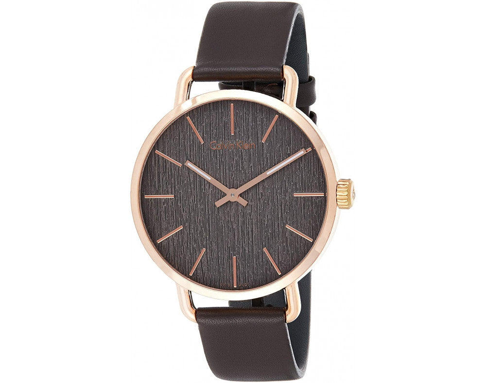 Side angle view of Calvin Klein Even ladies watch with grey dial and rose gold case