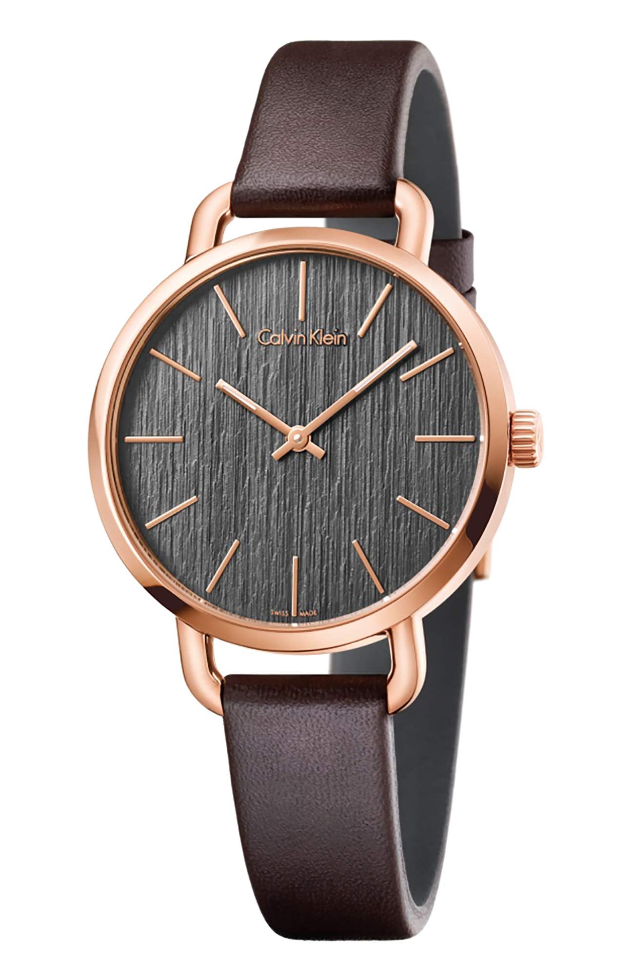 Calvin Klein Even watch with grey textured dial, rose gold case, and brown leather strap