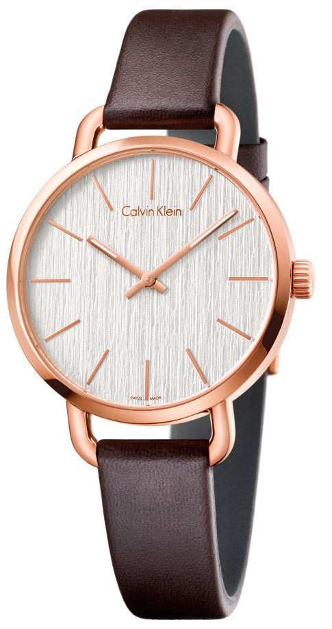 Calvin Klein Even women's watch with white dial, rose gold case, and brown leather strap