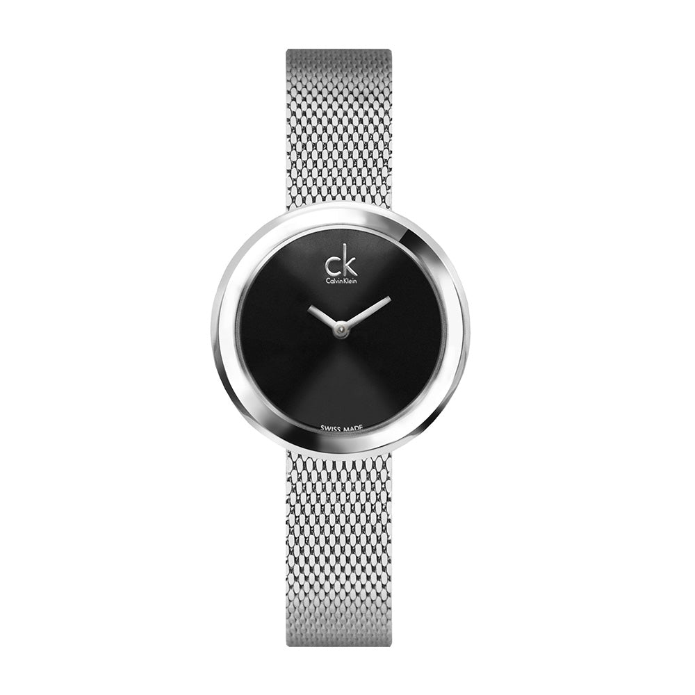 Calvin Klein Firm watch front view showing black dial and polished silver case