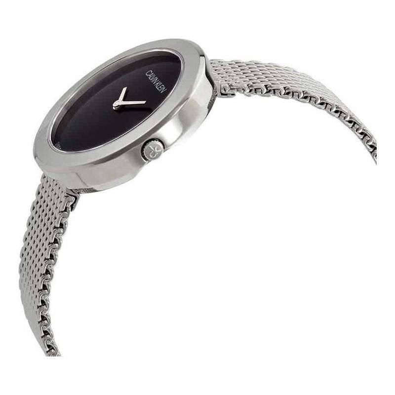 Calvin Klein Firm watch side profile showing case depth and mesh bracelet construction
