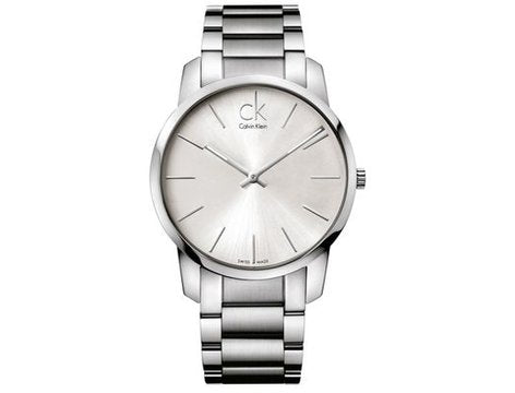 Calvin Klein Gent City watch front view displaying white dial with date