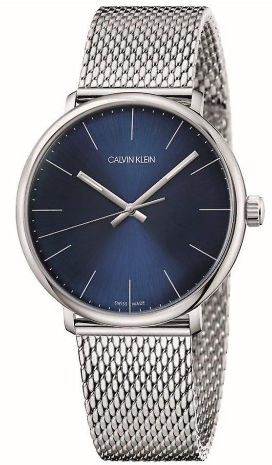 Calvin Klein High Noon men's watch with blue dial and silver mesh bracelet