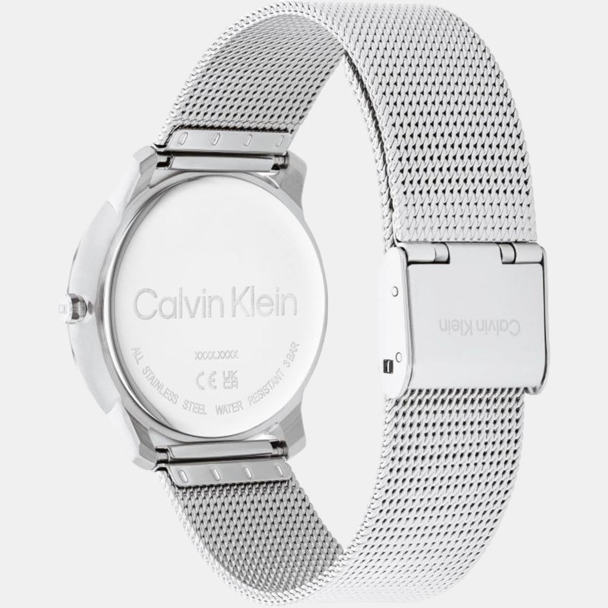 Calvin Klein Iconic watch angled view showing silver mesh band and caseback