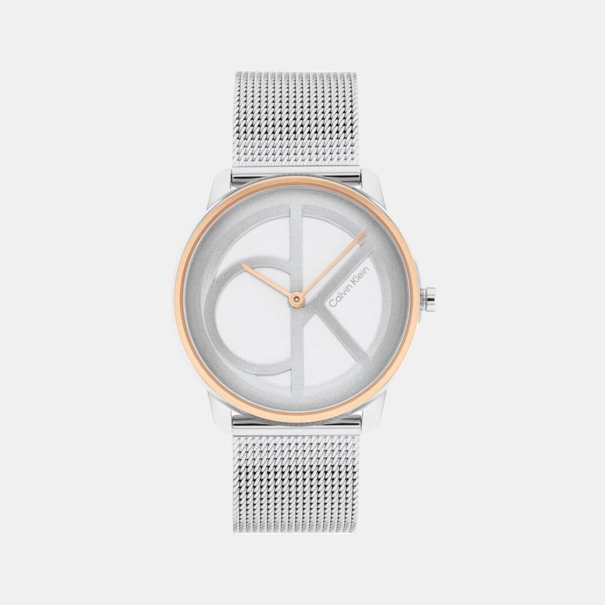 Calvin Klein Iconic watch front view with minimalist white dial and mesh strap