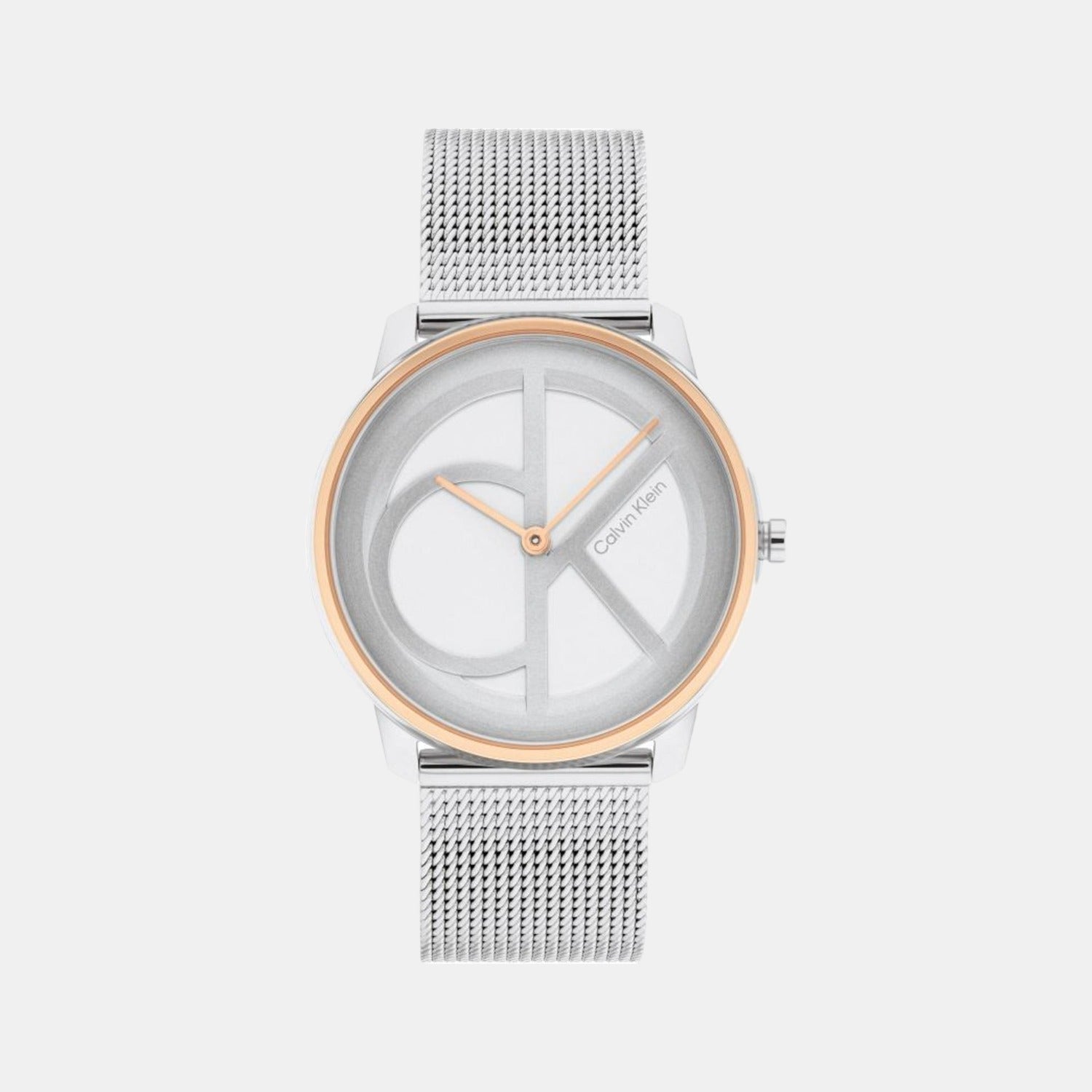 Calvin Klein Iconic watch front view with minimalist white dial and mesh strap