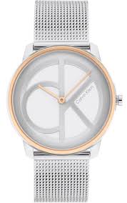 Calvin Klein Iconic silver mesh unisex watch with white dial and rose gold bezel