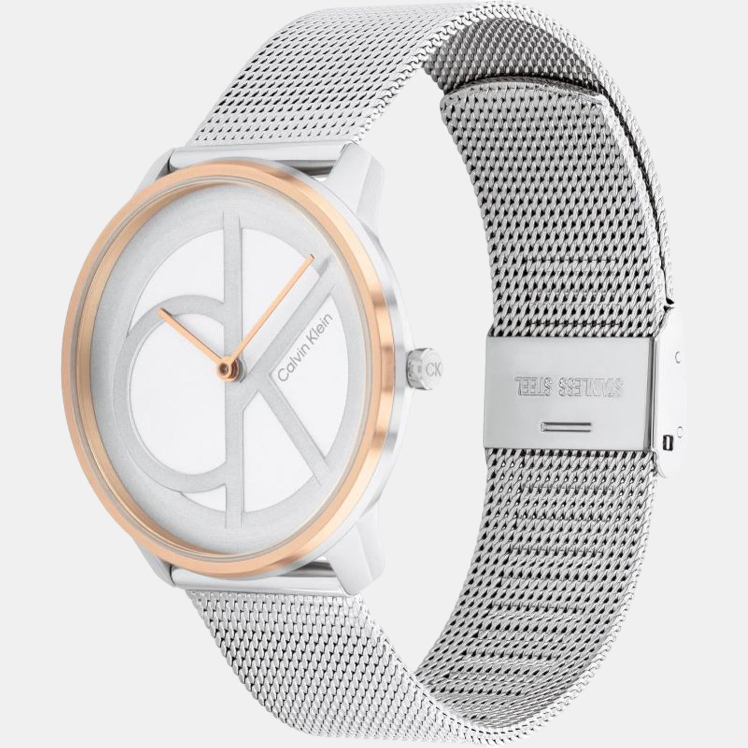 Calvin Klein Iconic watch side profile with silver mesh strap and buckle clasp