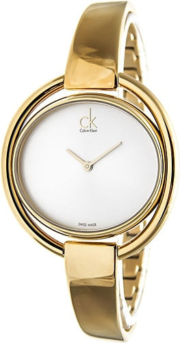 Calvin Klein Impetuous gold watch from side angle showing oval case