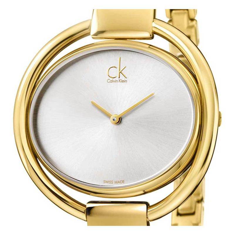 Close-up of Calvin Klein Impetuous K4F2N516 silver dial with gold hands