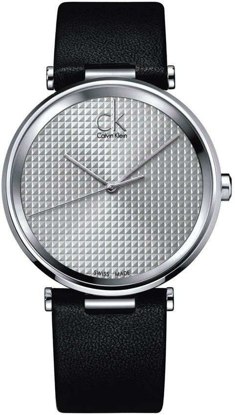 Calvin Klein Sight men's watch with silver dial and black leather strap, front view