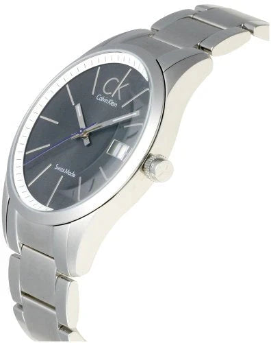 Calvin Klein K2246107 watch shown at angle displaying black dial and silver case side profile