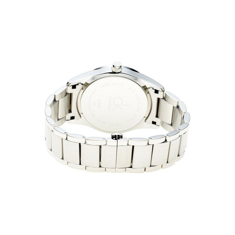 Calvin Klein K2246107 watch caseback showing silver stainless steel rear cover and bracelet