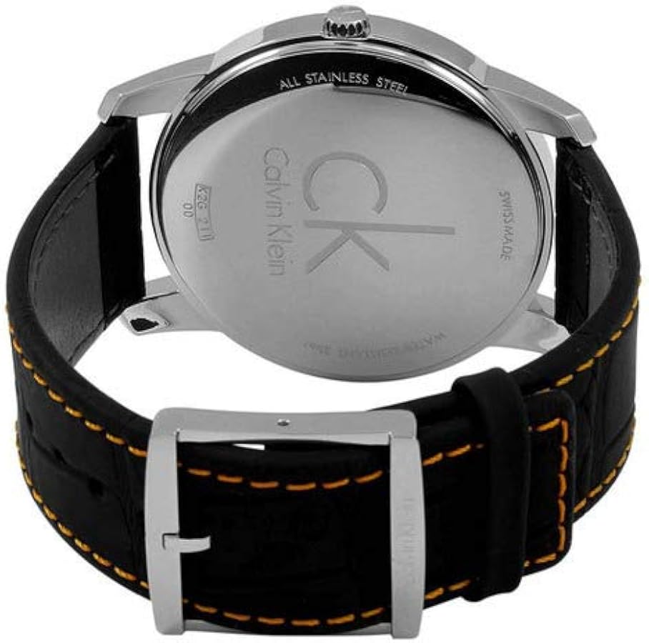 Stainless steel caseback engraved with Calvin Klein branding and specifications