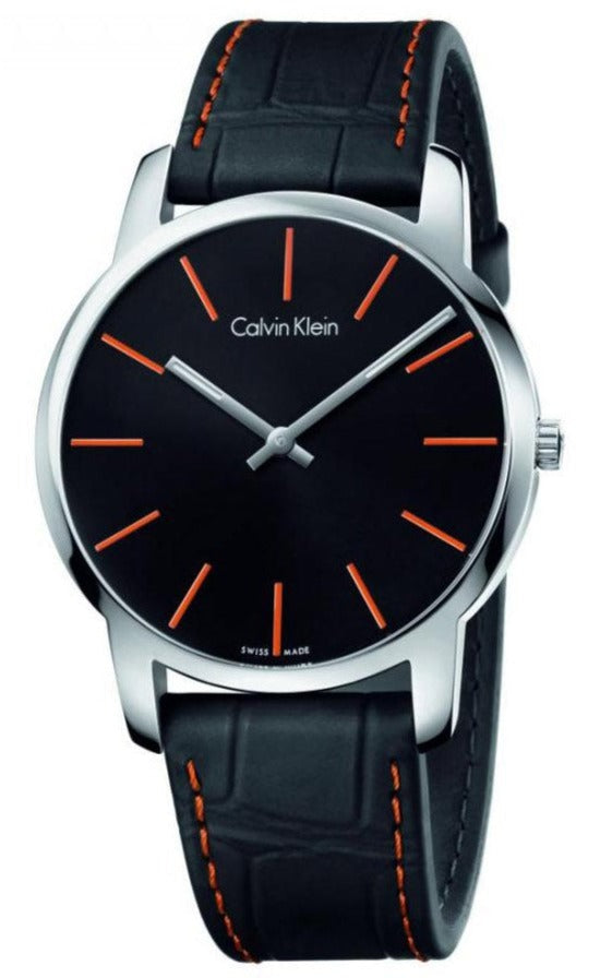 Calvin Klein watch with black dial, orange indices, stainless steel case and black leather strap