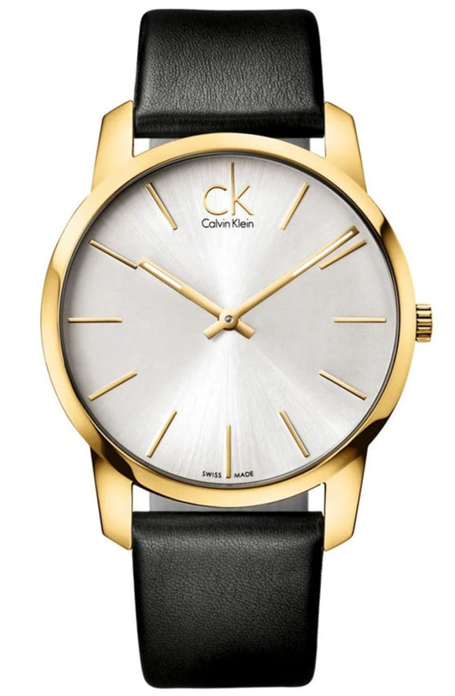 Calvin Klein K2G21520 men's watch with gold case, white dial, and black leather strap