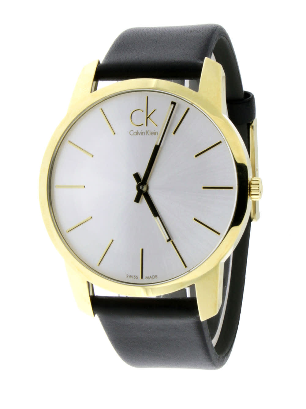 Calvin Klein K2G21520 watch on wrist with gold case and black leather strap