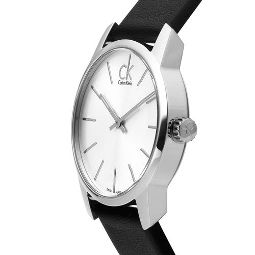 Calvin Klein men's watch at angle showing white dial and black leather strap