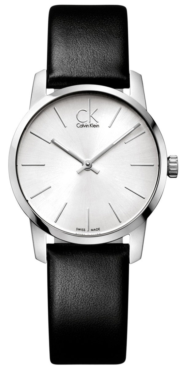 Calvin Klein white dial men's watch with black leather strap and stainless steel case