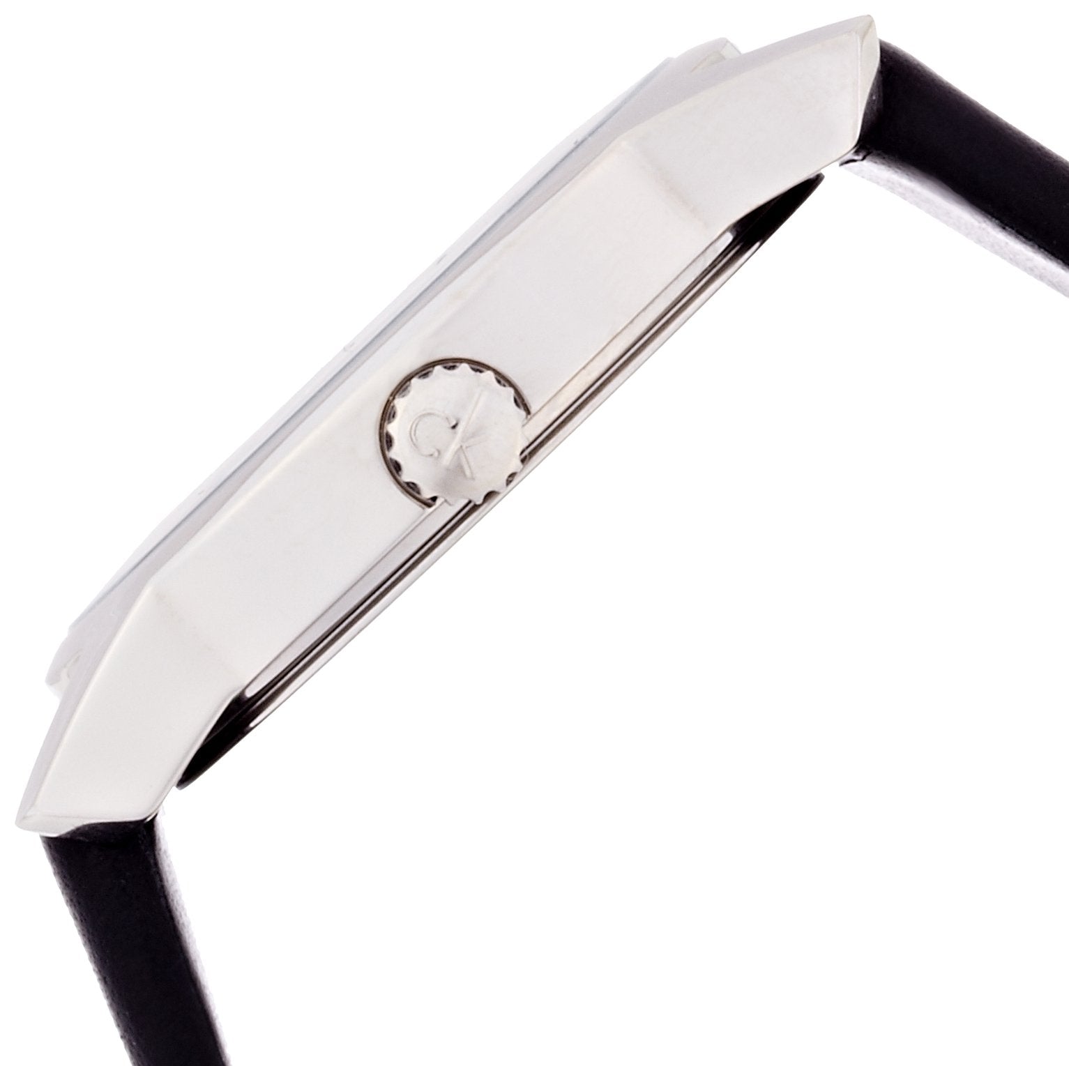 Calvin Klein watch showing side profile with crown detail and black leather strap