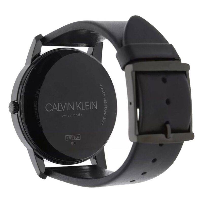 Calvin Klein watch caseback showing Swiss made marking and model K2G2G4CX