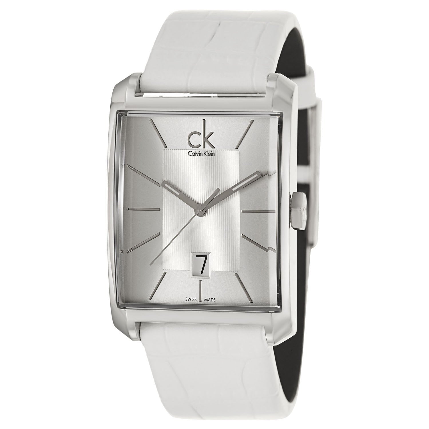 Calvin Klein Window watch angled view with white leather strap and silver case