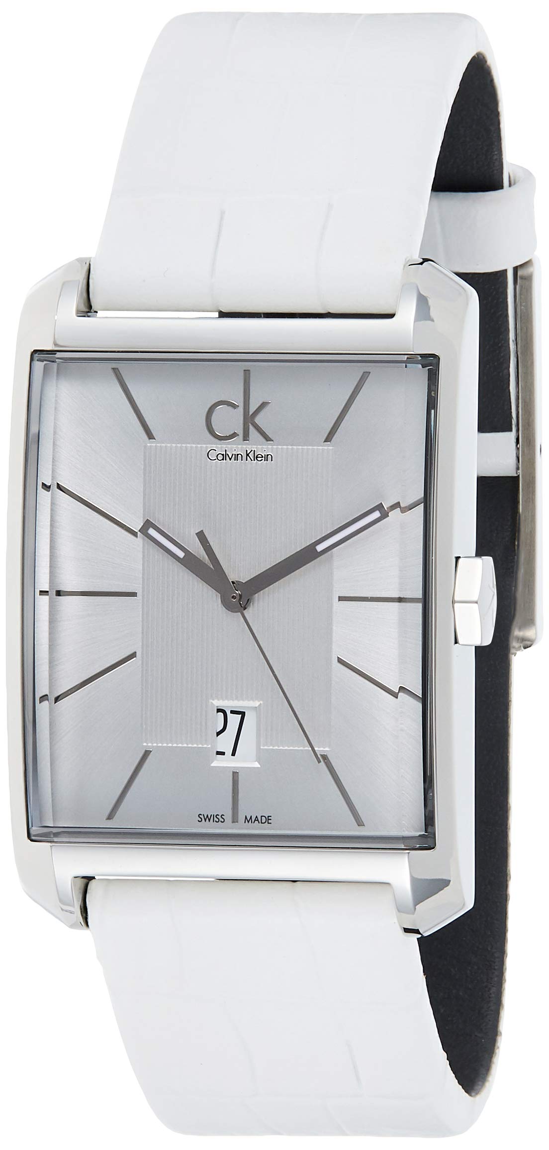 Calvin Klein Window men's watch on wrist showing white leather strap detail