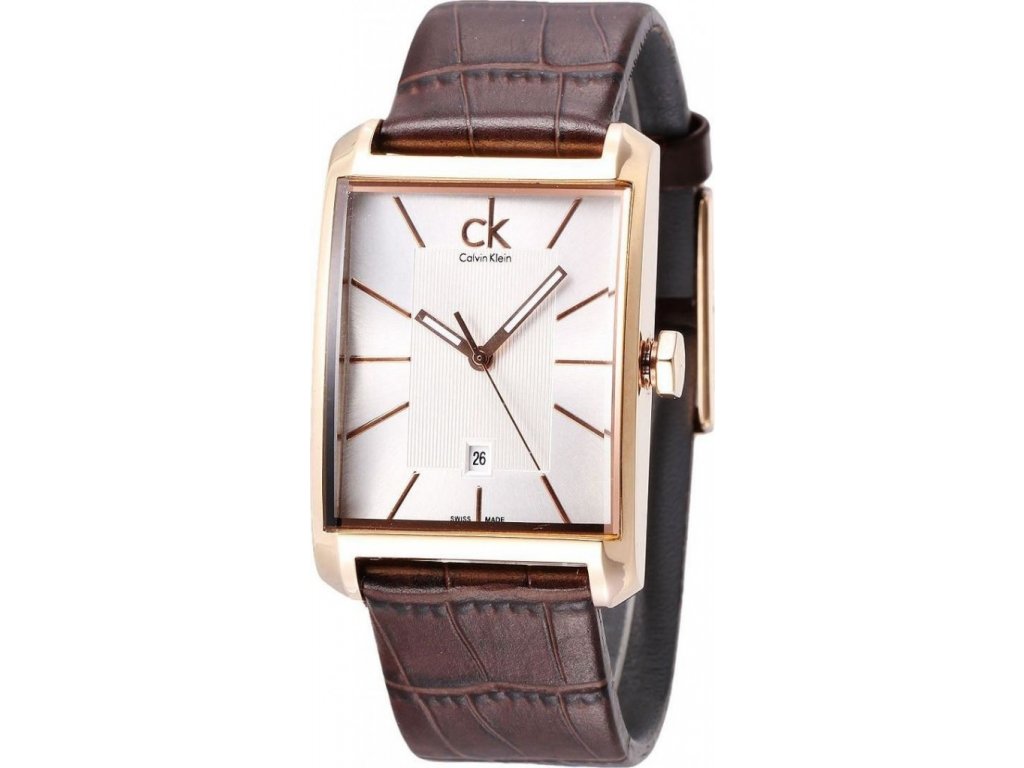 Side angled view of Calvin Klein Window men's watch with date window and crocodile leather strap