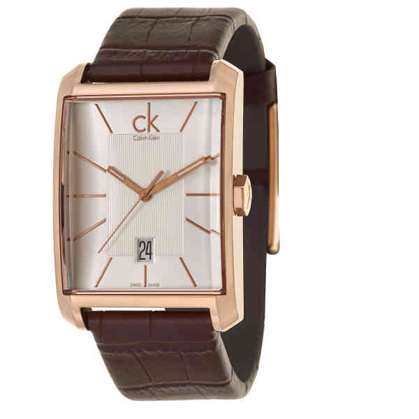Angled view of Calvin Klein Window watch showing rectangular case and brown leather strap