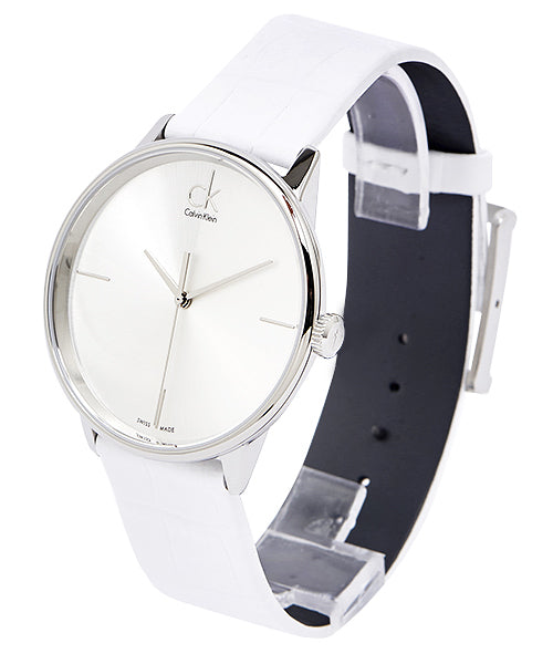 Calvin Klein K2Y2X1K6 watch on wrist with white and black leather strap
