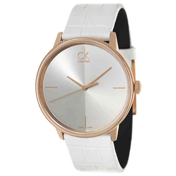 Three-quarter view of Calvin Klein watch showing rose gold case and white textured strap