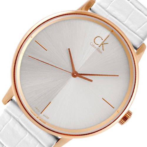 Close-up of dial showing rose gold hour markers, hands, and Calvin Klein logo