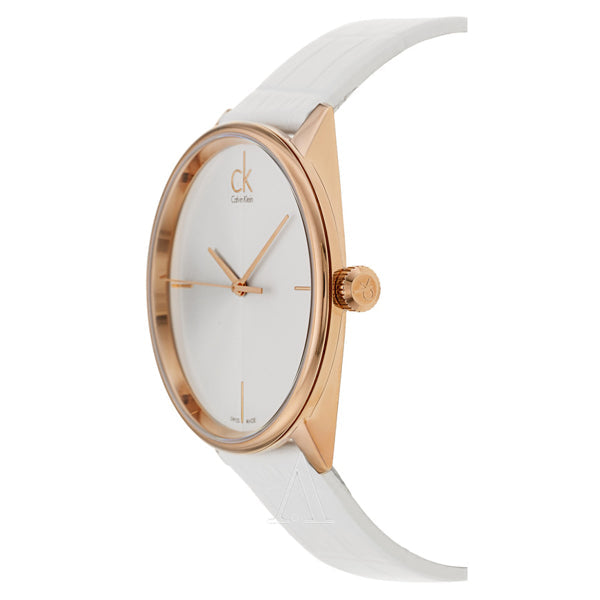 Side profile of Calvin Klein watch displaying slim case profile and white strap