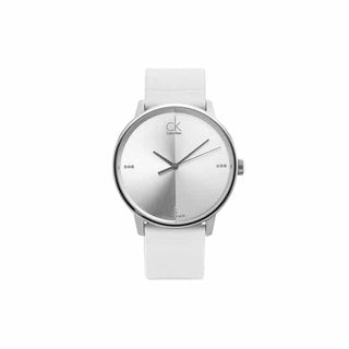 Calvin Klein Accent ladies watch with minimalist dial and white strap front view